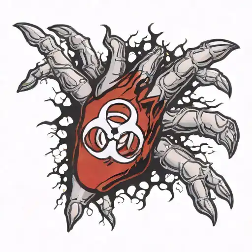 A realistic right hand tattoo of a fractured biohazard on purple applat tattoo design idea