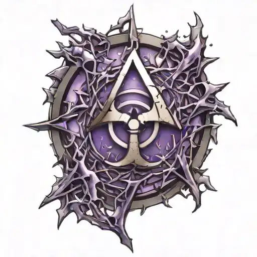 A biohazard symbol made up of shattered glass pieces on a purple background tattoo design idea