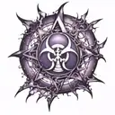 A biohazard symbol made up of shattered glass pieces on a purple background tattoo design idea