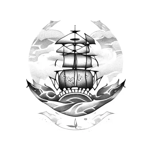 Distressed Skeleton Pirate Ship with Sea Monster tattoo design idea