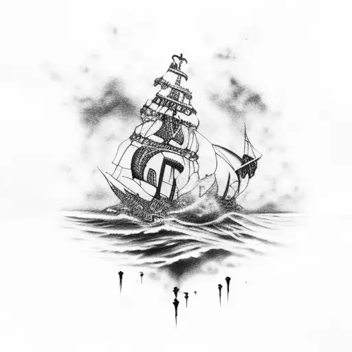 Distressed Skeleton Pirate Ship with Sea Monster tattoo design idea
