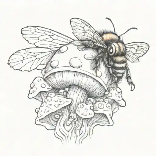 a fluffy colorful bumblebee with a mushroom person riding it  tattoo design idea