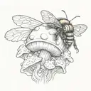 a fluffy colorful bumblebee with a mushroom person riding it  tattoo design idea