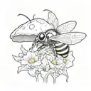 a fluffy colorful bumblebee with a mushroom person riding it  tattoo design idea
