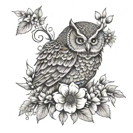 owl with flowers;  poppy, narcissus, chrysanthemum, carnation, marigold,  cosmo, sweet pea, delphinium, violet tattoo design idea