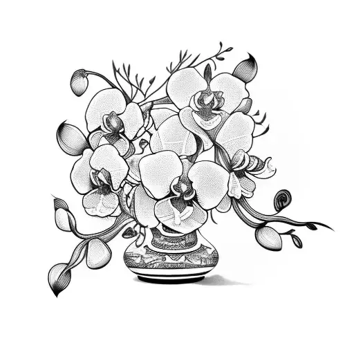 Vase of orchids in a greek style tattoo design idea