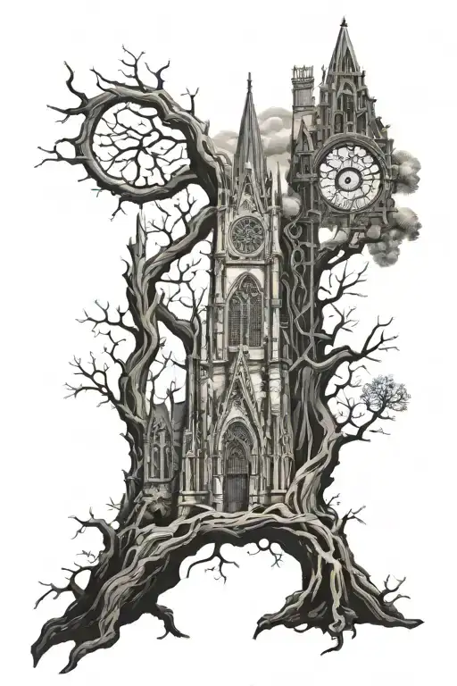 tree and eye and gothic cathedral tattoo design idea