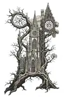 tree and eye and gothic cathedral tattoo design idea