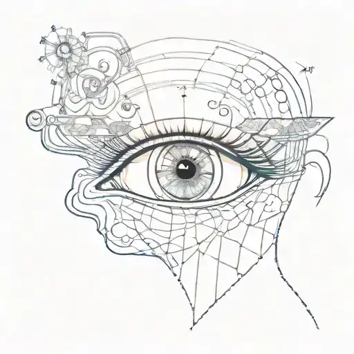 Image a central eye, symbolizing vision and perception, with a pupil reflecting a brain controlled like a mannequin, rep tattoo design idea