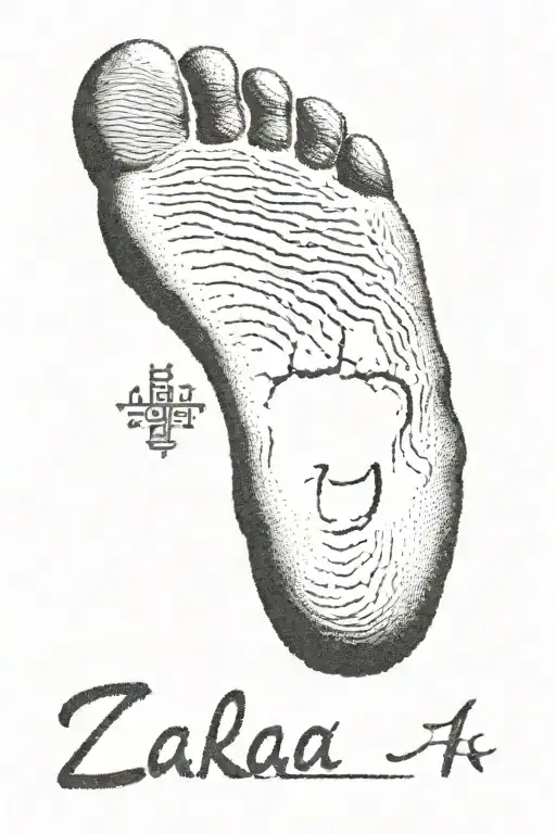 **Footprint Image**: In the centre, a footprint stamp. 2. **Name**: "Zakai Andreas" in elegant, cursive script below or  tattoo design idea