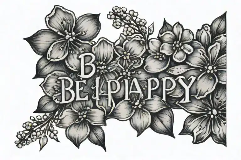 the words "Be happy"  with forget me not flowers tattoo design idea