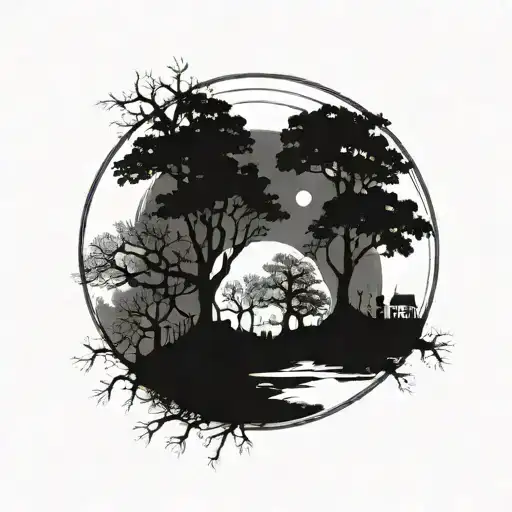 full moon, trees, fog, rosary beads, cross tattoo design idea