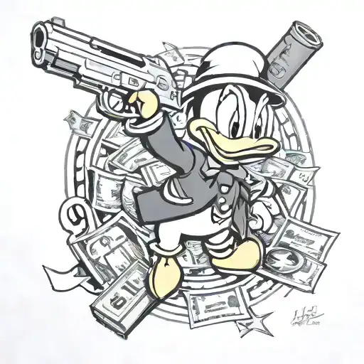 Donald Duck, money, guns tattoo design idea