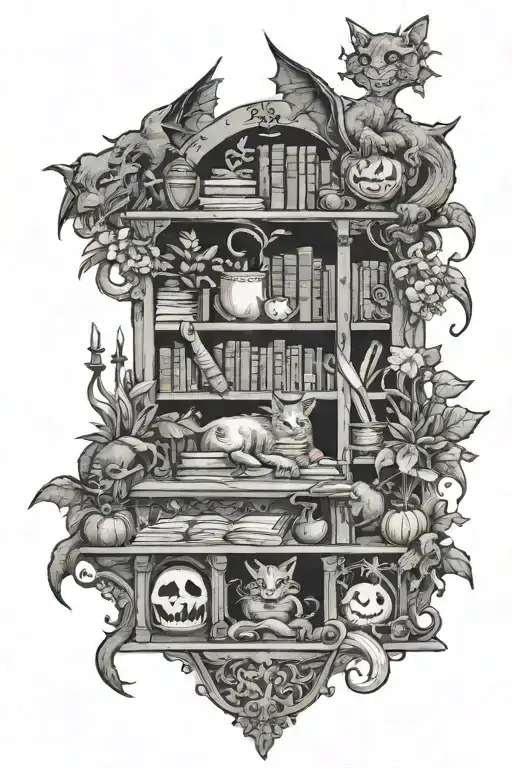A spooky mystical library with dragons and swords and plants and cats and pumpkins tattoo design idea