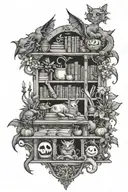 A spooky mystical library with dragons and swords and plants and cats and pumpkins tattoo design idea