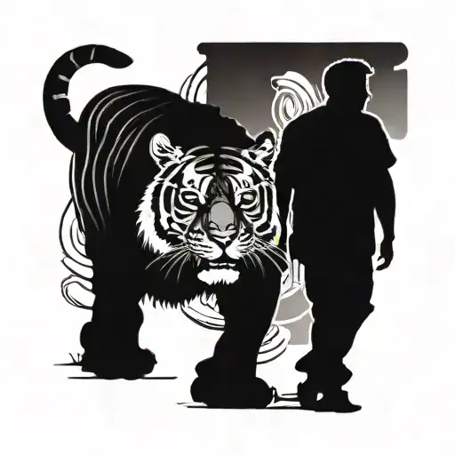 black silhouette of tiger walking behind man tattoo design idea