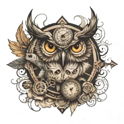all-seeing eye with a clock and an owl with eyes tattoo design idea