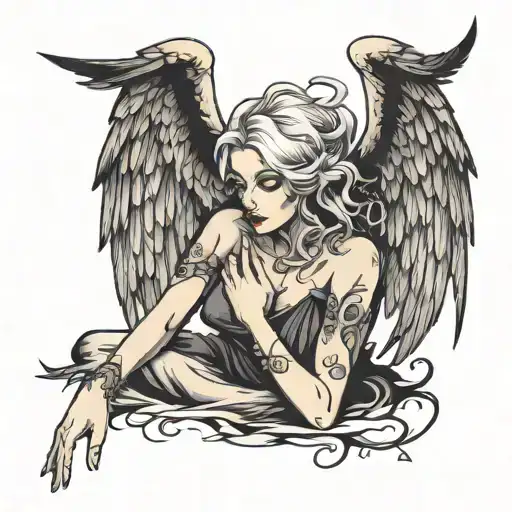 fallen angel with drooping wings in the style of realism and graphics tattoo design idea