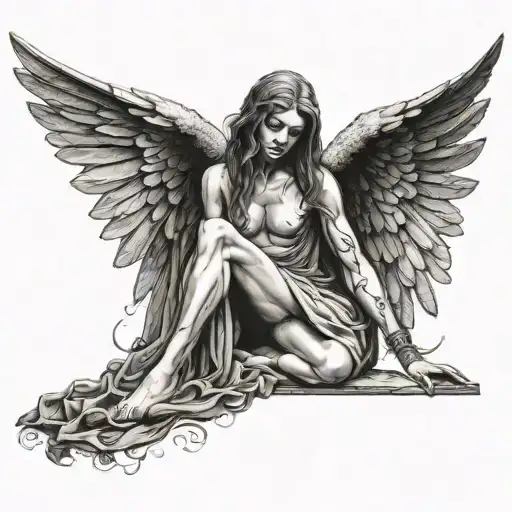 fallen angel with drooping wings in ancient greek style tattoo design idea
