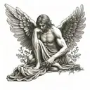 fallen angel with drooping wings in ancient greek style tattoo design idea