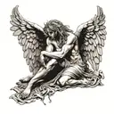 fallen angel with drooping wings in ancient greek style tattoo design idea
