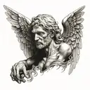 fallen angel with drooping wings in ancient greek style tattoo design idea