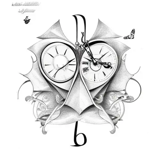 double clock with butterfly and heart tattoo design idea