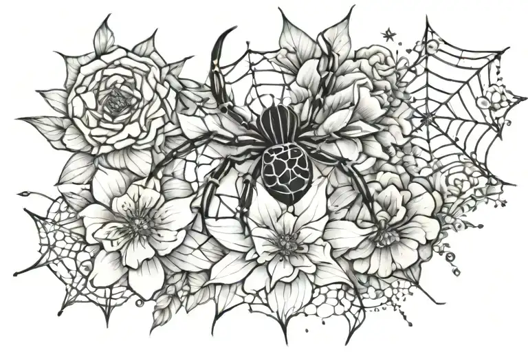 flowers with spider web and stars  tattoo design idea