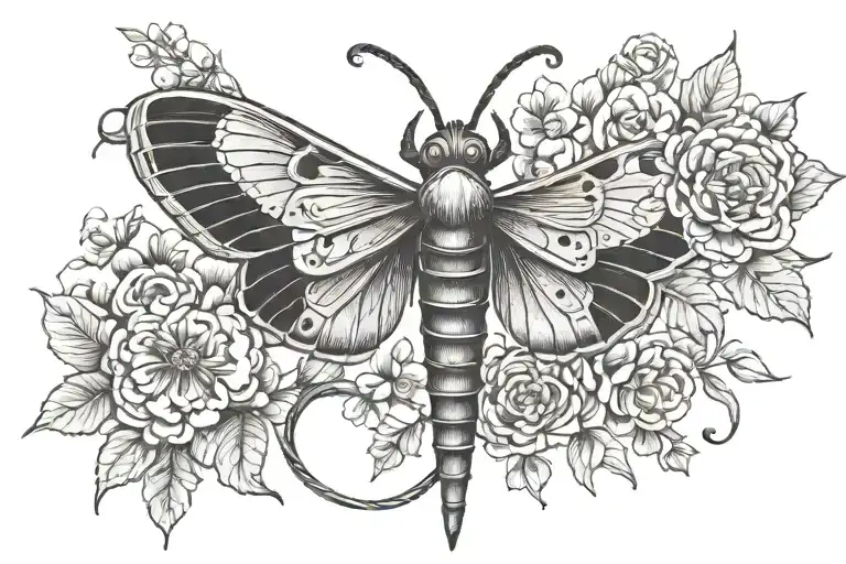 death moth with flowers and sword and snake tattoo design idea