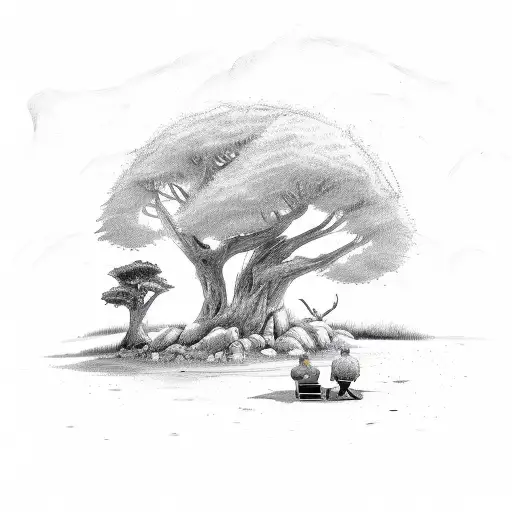 A sketch-style illustration of a father and son sitting under a majestic tree in the forest tattoo design idea