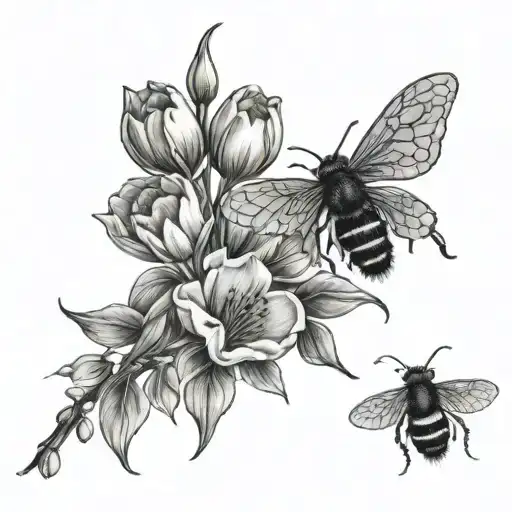 Design a tattoo of a tree with a bee hive attached to it, with a scroll containing the names Kali, McKennah, Maysie, and Baileigh intertwined around it, with delicate tulips on the branches tattoo design idea