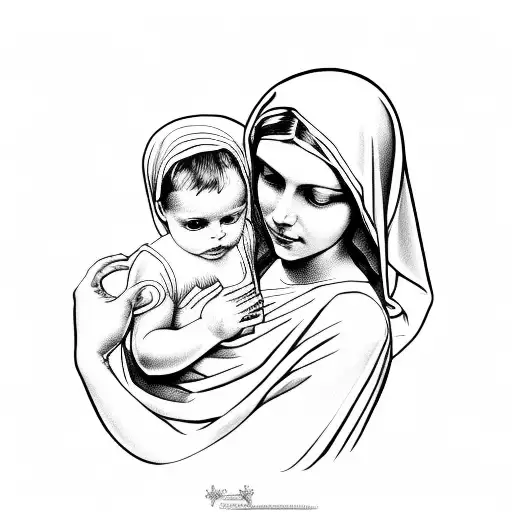 virgin mary whit a baby on her amrs tattoo design idea