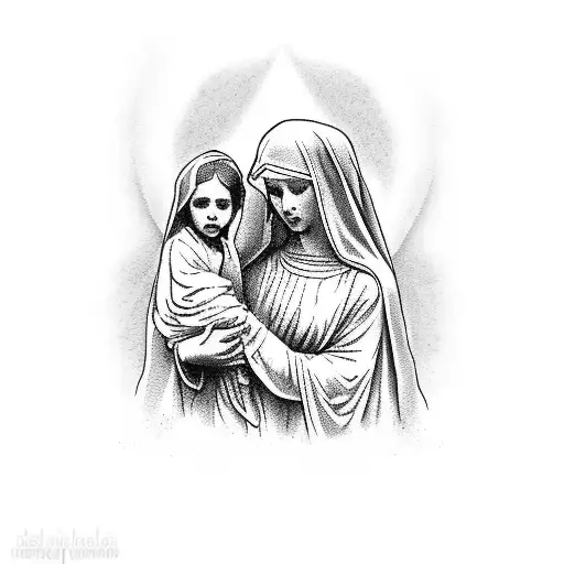 virgin mary holding child in arms tattoo design idea