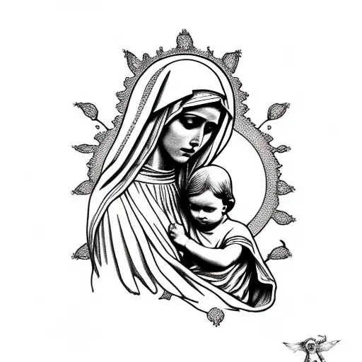 virgin mary with child tattoo design idea