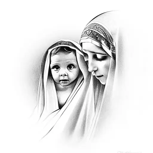 virgin mary whit a children tattoo design idea