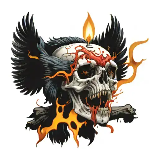 Crow, you have turned into a skull and turned into a candle and become a drop of fire tattoo design idea