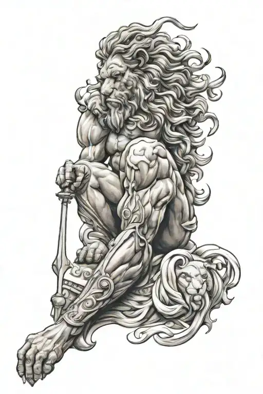 zeus god, warrior, lion, greek style tattoo tattoo design idea
