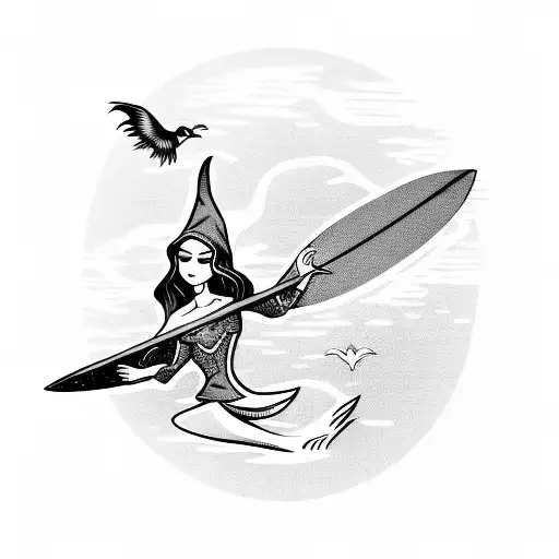 a witch flying on a broom holding a surfboard on the side of her body. tattoo design idea