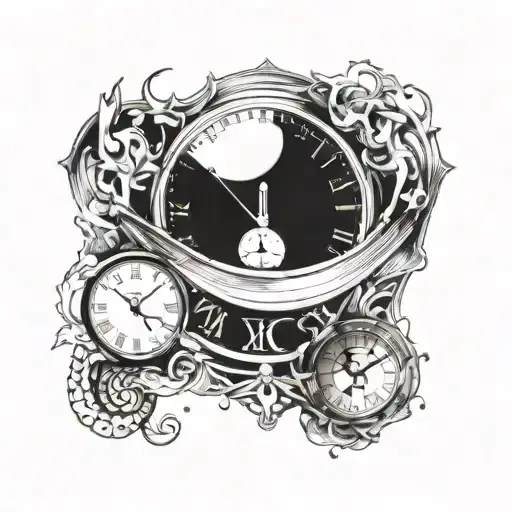clock showing time passing. symbol of the planet mercury. Dates of birth.  Mirror effect tattoo design idea