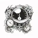 clock showing time passing. symbol of the planet mercury. Dates of birth.  Mirror effect tattoo design idea