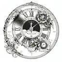 clock showing time passing. symbol of the planet mercury. Dates of birth.  Mirror effect tattoo design idea