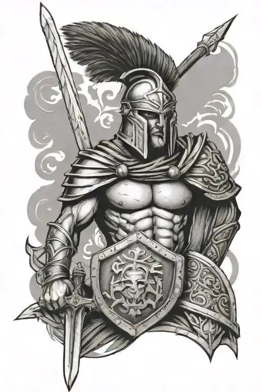 spartan warrior with shield and sword tattoo design idea