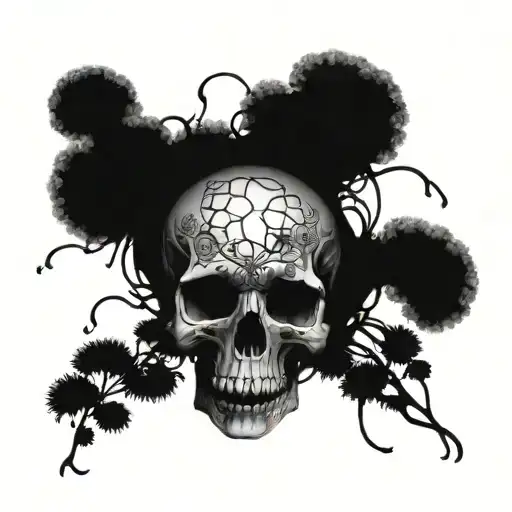 death skull surrounded by dandelions with smoke flowing around them tattoo design idea