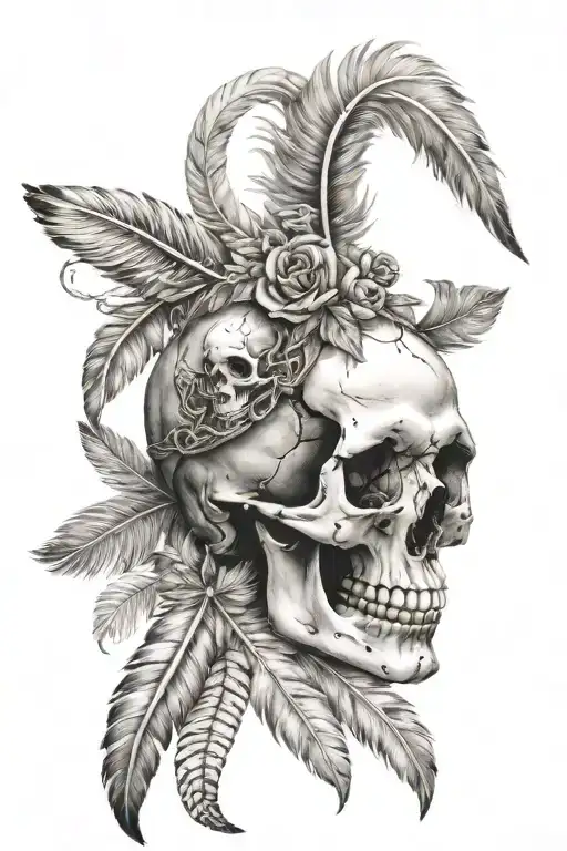 Human Skull, ram skull and feathers tattoo design idea