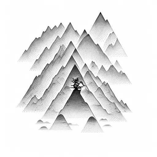 A silhouette of a climber scaling a mountain peak, with intricate patterns representing the complexities of mental health and psychology intertwined in the background tattoo design idea