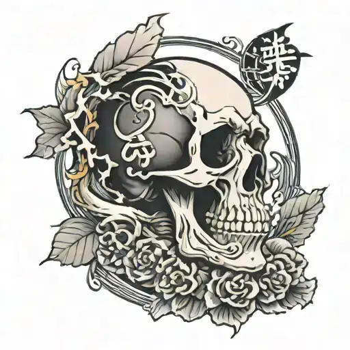 skull and moon inscription in Japanese style tattoo design idea