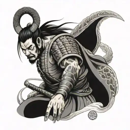 A samurai warrior with a dragon tattooed on their back, surrounded by traditional Japanese elements tattoo design idea