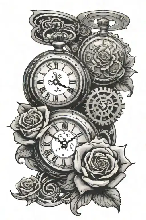 Two pocket watches, a rose and clock gears intertwined tattoo design idea