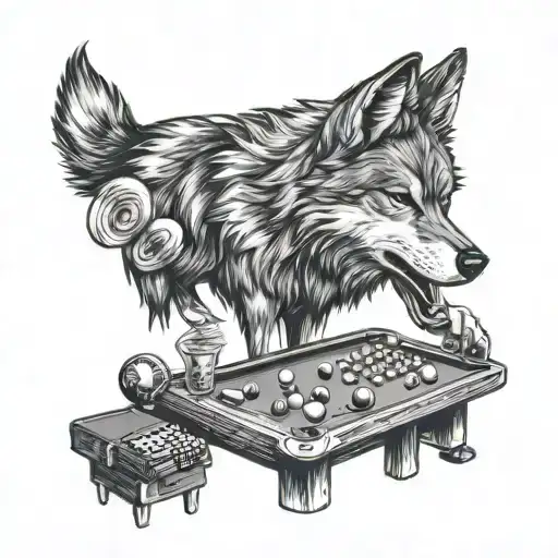 A wolf howling at the moon while playing billiards, surrounded by books and video game controllers tattoo design idea