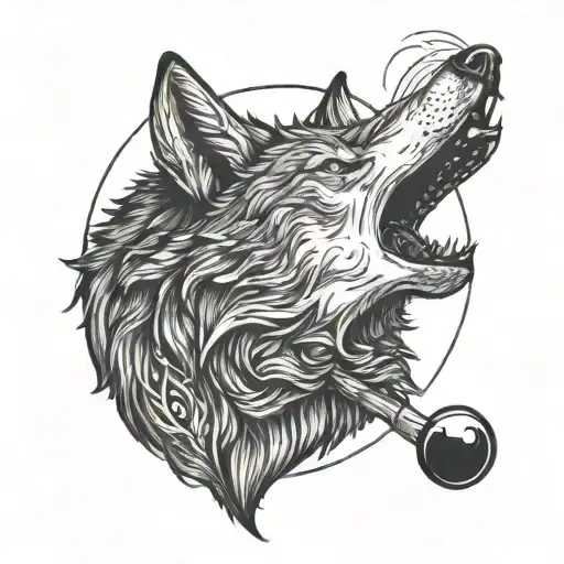 A wolf howling at the moon with a billiard cue in its mouth, representing strength and strategy tattoo design idea